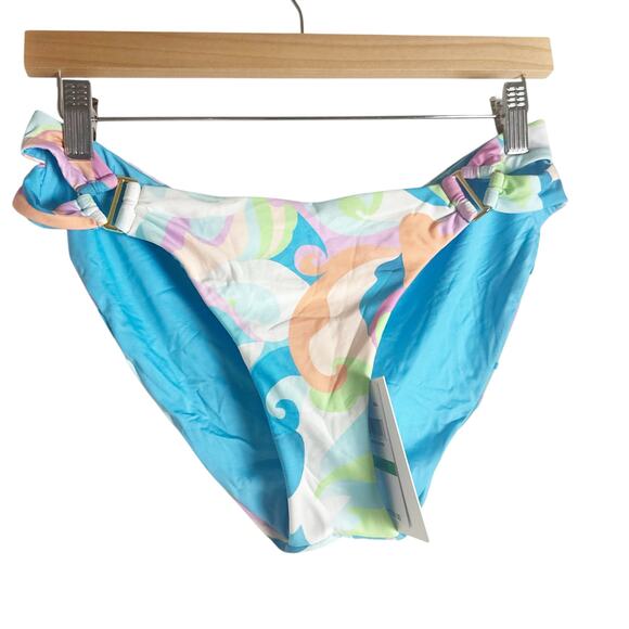 Becca Emmalyn Blue Multicolor Print Split Side Hipster Bikini Bottoms Size L - Picture 3 of 9